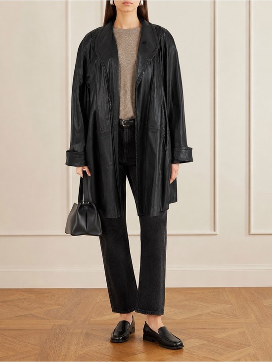 Vintage Jackets & Blazers - York Furrier Butter Soft Lambskin Leather Coat Black Oversized Y2K A Line Sz S